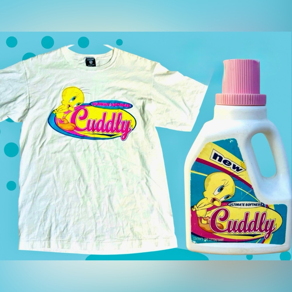Vtg.Looney Tunes Tweety Bird “Cuddly” Cross Promo Tee w/Detergent Jug Sz.L~RARE